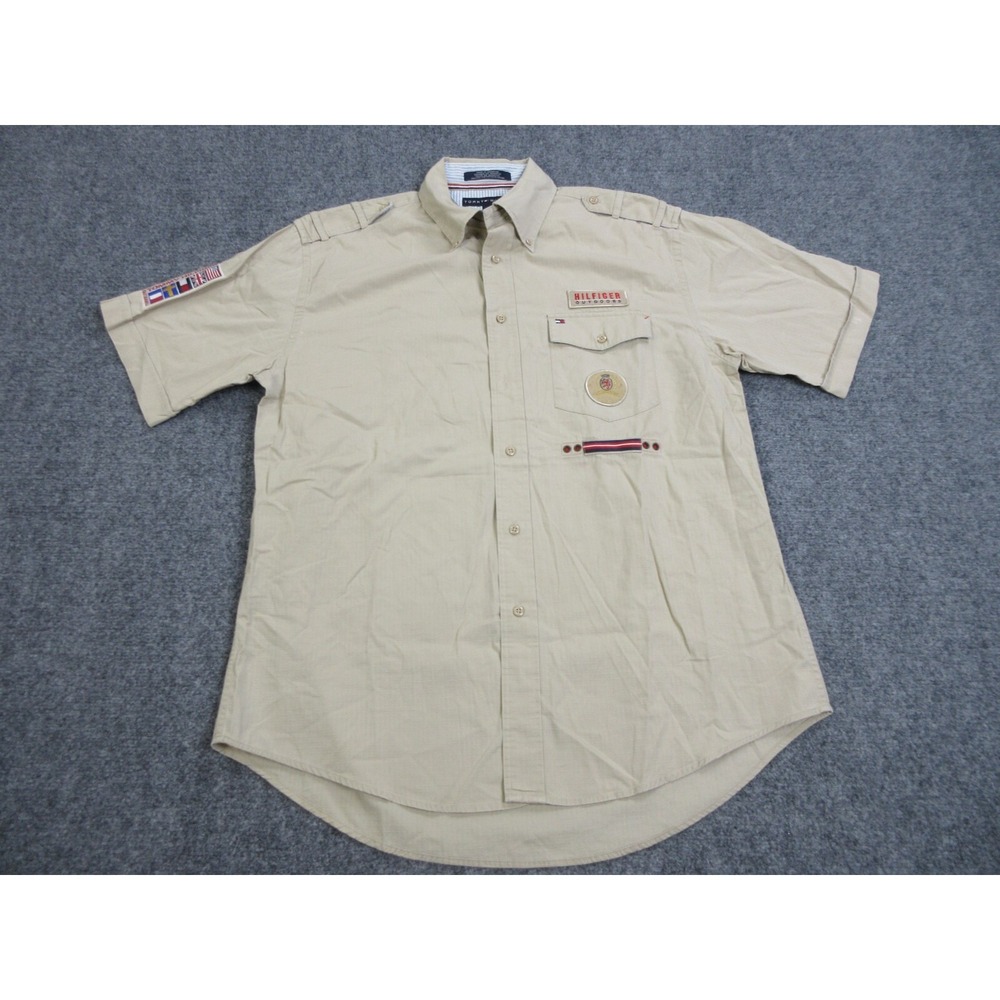 Tommy Hilfiger Shirt Mens M Beige Solid Short Sleeve Outdoors Flags Embroidered